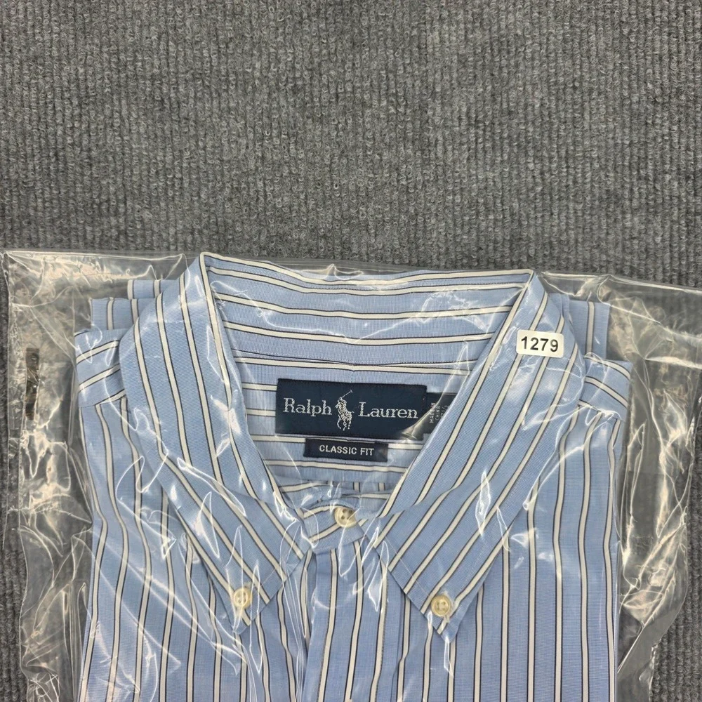 Ralph Lauren Classic Fit Striped Button Down Shirt Blue White Mens 17.5 34/35